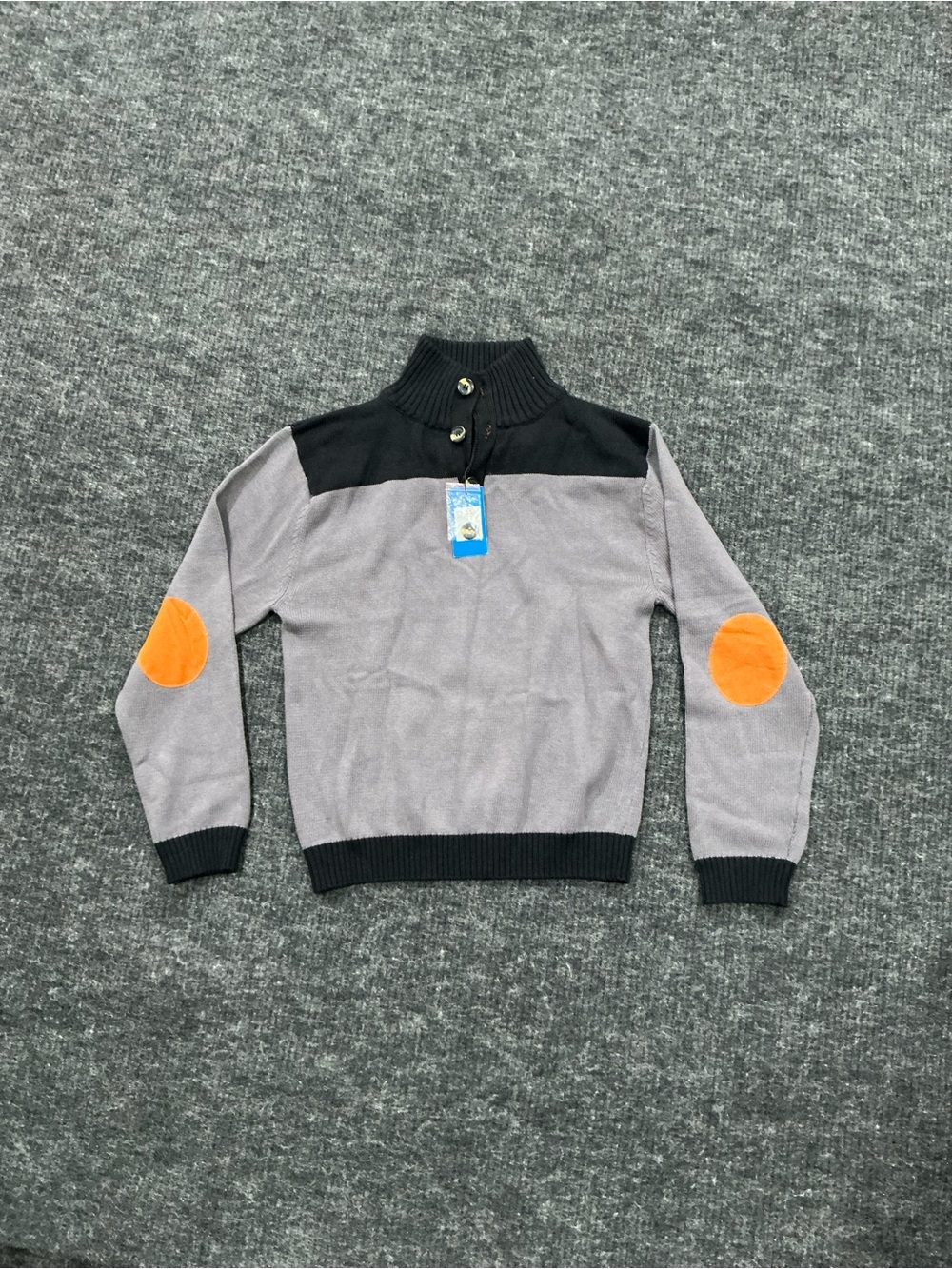 Men's Two-Tone Gray & Black Turtleneck Sweater with Orange Elbow Patches